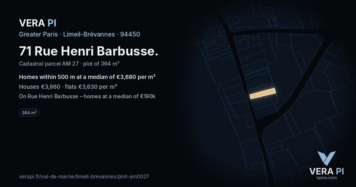 71 Rue Henri Barbusse, Limeil-Brévannes at night – the plot lit, the parcels around coloured by the prices near them