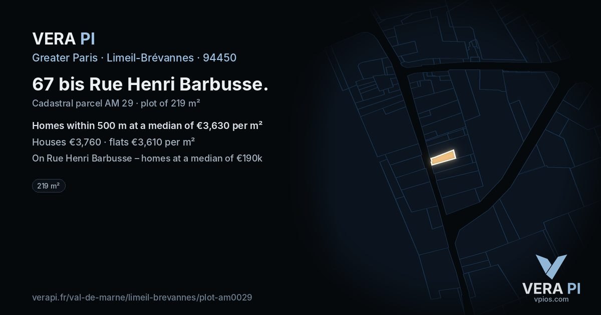 67 bis Rue Henri Barbusse, Limeil-Brévannes at night – the plot lit, the parcels around coloured by the prices near them