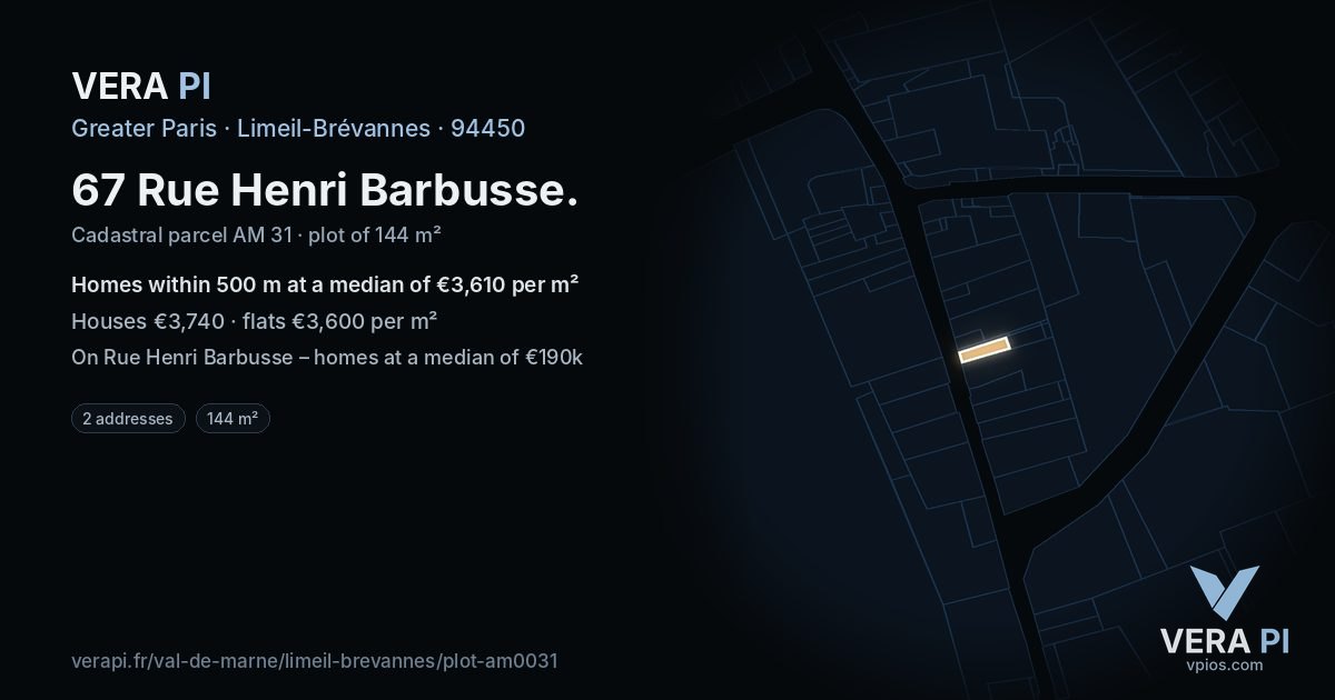 67 Rue Henri Barbusse, Limeil-Brévannes at night – the plot lit, the parcels around coloured by the prices near them