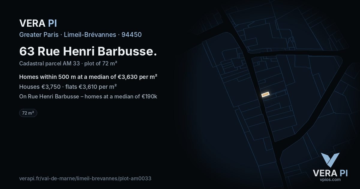 63 Rue Henri Barbusse, Limeil-Brévannes at night – the plot lit, the parcels around coloured by the prices near them