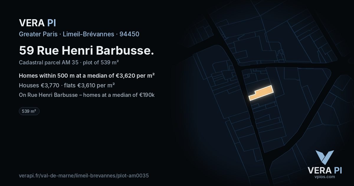 59 Rue Henri Barbusse, Limeil-Brévannes at night – the plot lit, the parcels around coloured by the prices near them