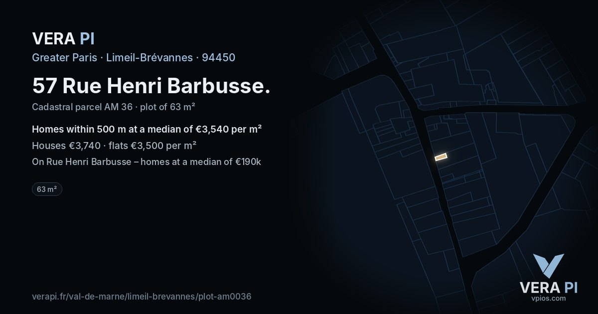 57 Rue Henri Barbusse, Limeil-Brévannes at night – the plot lit, the parcels around coloured by the prices near them