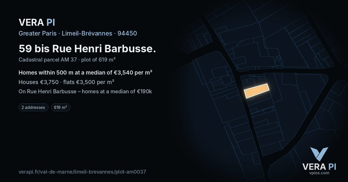59 bis Rue Henri Barbusse, Limeil-Brévannes at night – the plot lit, the parcels around coloured by the prices near them