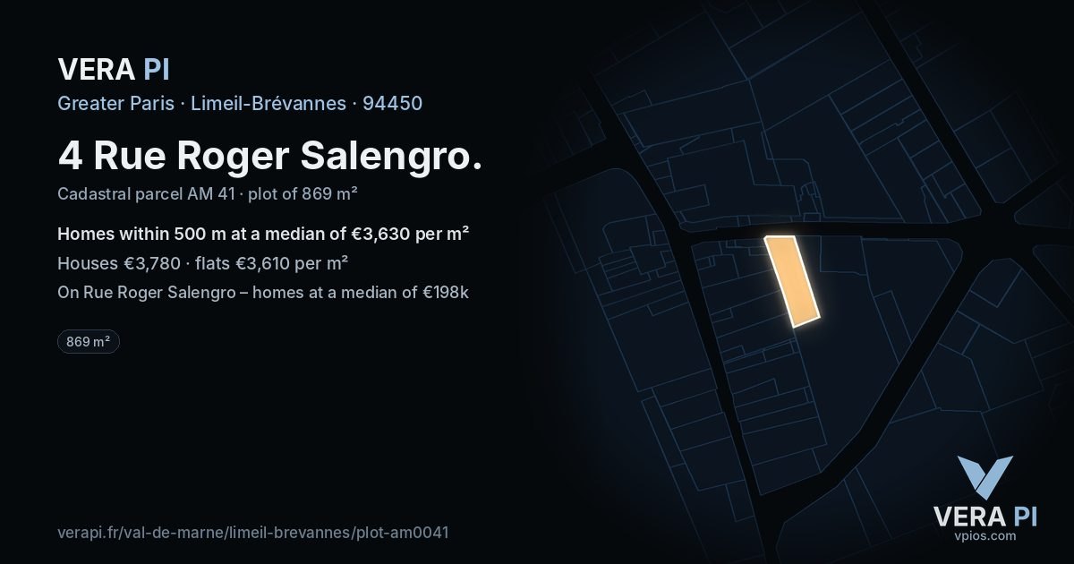 4 Rue Roger Salengro, Limeil-Brévannes at night – the plot lit, the parcels around coloured by the prices near them