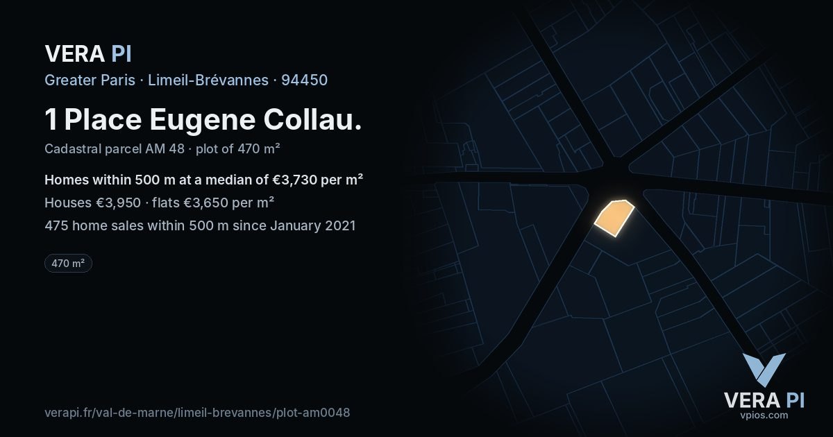 1 Place Eugene Collau, Limeil-Brévannes at night – the plot lit, the parcels around coloured by the prices near them