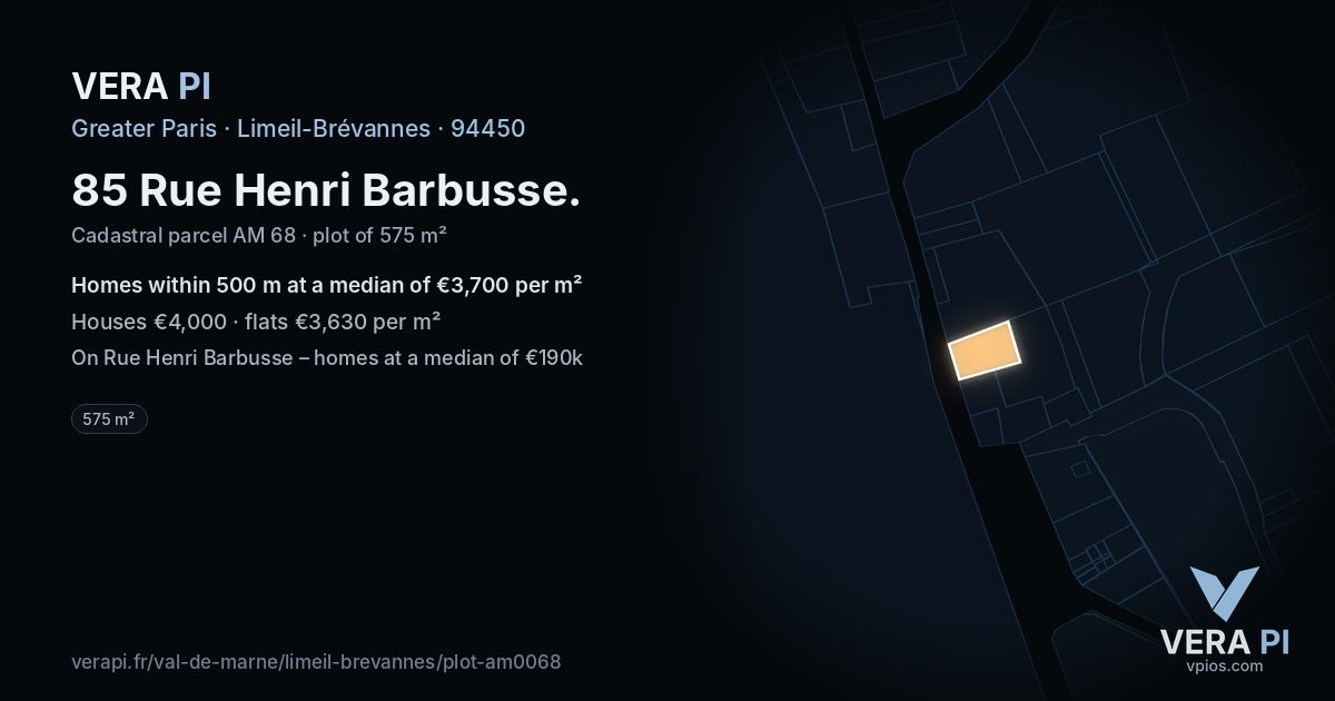 85 Rue Henri Barbusse, Limeil-Brévannes at night – the plot lit, the parcels around coloured by the prices near them