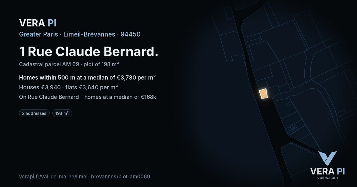 1 Rue Claude Bernard, Limeil-Brévannes at night – the plot lit, the parcels around coloured by the prices near them