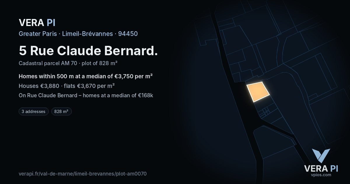 5 Rue Claude Bernard, Limeil-Brévannes at night – the plot lit, the parcels around coloured by the prices near them