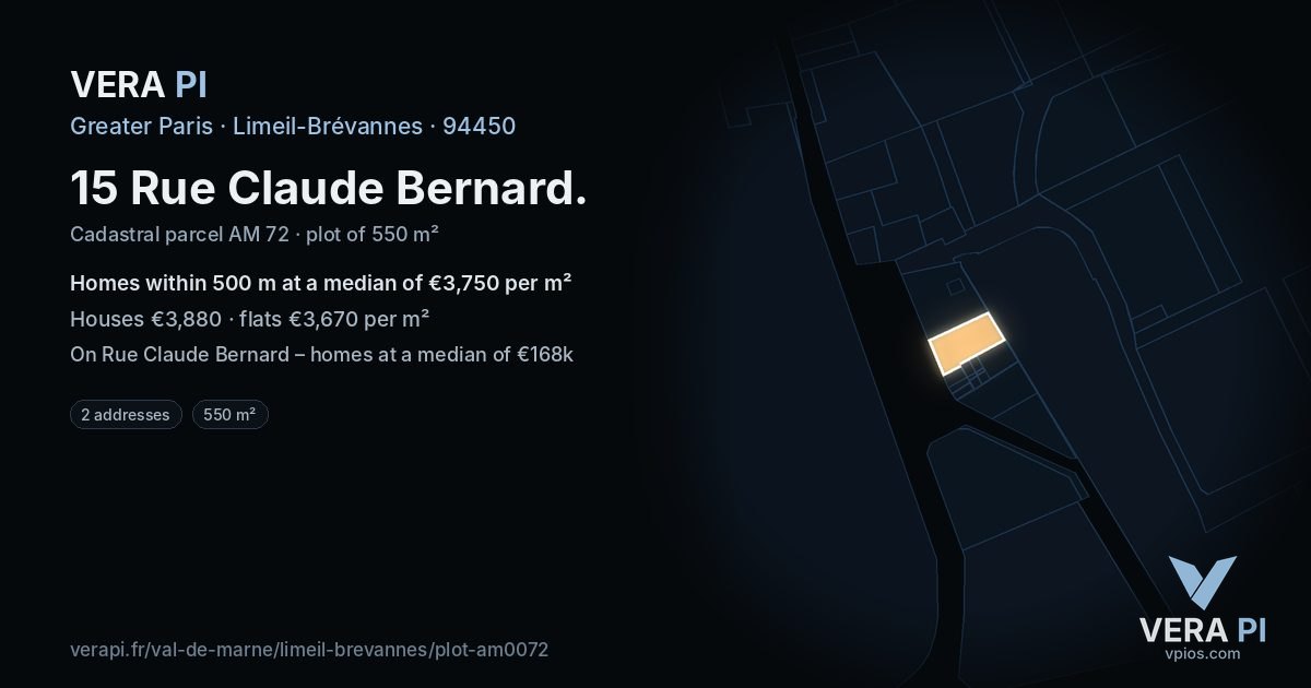 15 Rue Claude Bernard, Limeil-Brévannes at night – the plot lit, the parcels around coloured by the prices near them