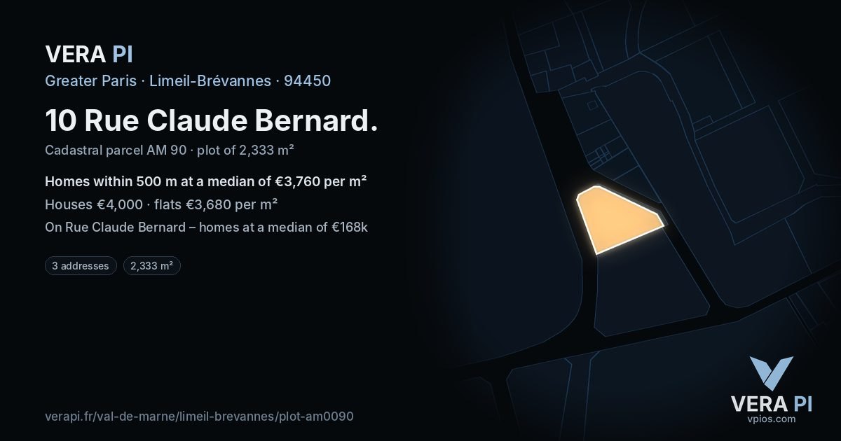 10 Rue Claude Bernard, Limeil-Brévannes at night – the plot lit, the parcels around coloured by the prices near them