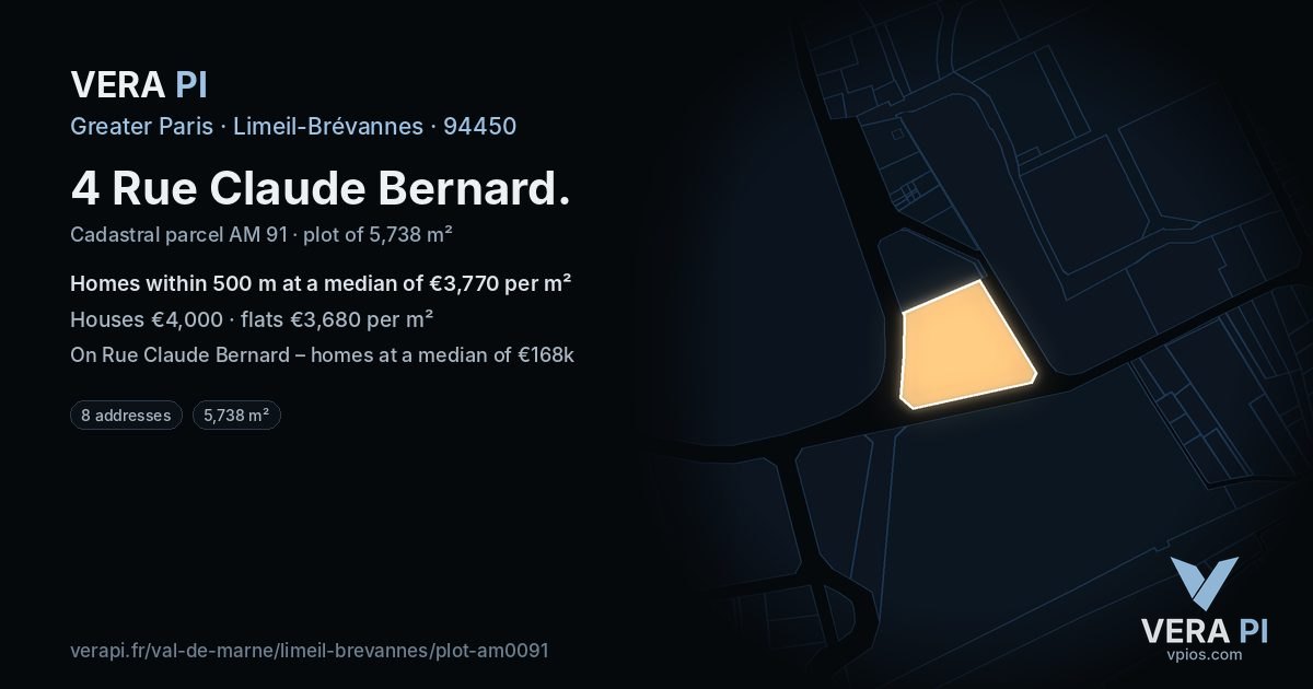 4 Rue Claude Bernard, Limeil-Brévannes at night – the plot lit, the parcels around coloured by the prices near them
