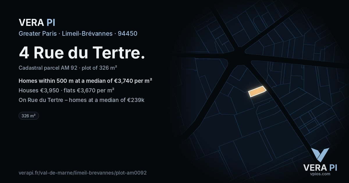 4 Rue du Tertre, Limeil-Brévannes at night – the plot lit, the parcels around coloured by the prices near them