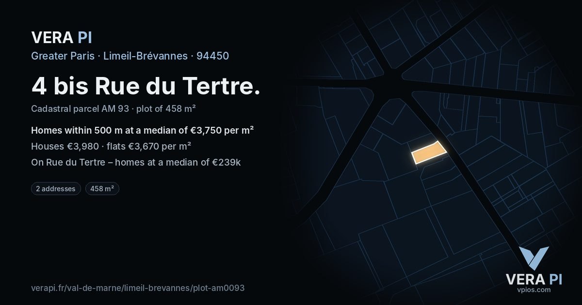4 bis Rue du Tertre, Limeil-Brévannes at night – the plot lit, the parcels around coloured by the prices near them