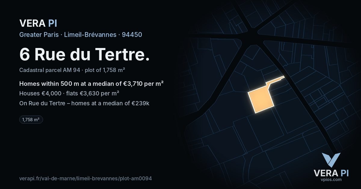 6 Rue du Tertre, Limeil-Brévannes at night – the plot lit, the parcels around coloured by the prices near them