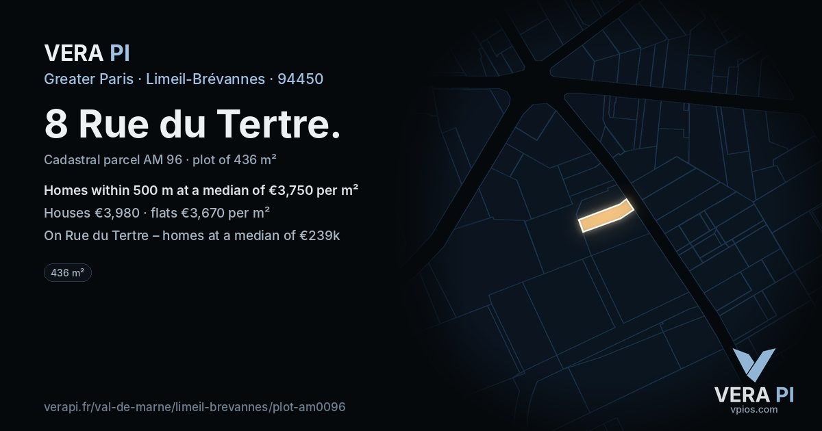 8 Rue du Tertre, Limeil-Brévannes at night – the plot lit, the parcels around coloured by the prices near them