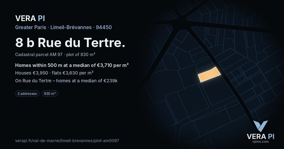 8 b Rue du Tertre, Limeil-Brévannes at night – the plot lit, the parcels around coloured by the prices near them