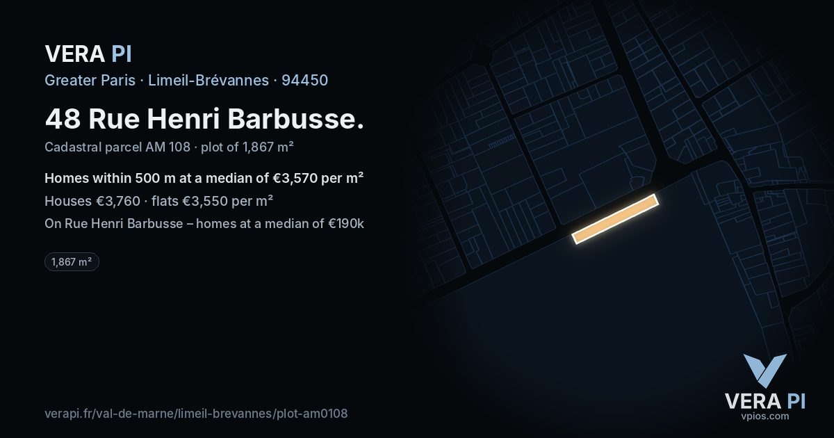 48 Rue Henri Barbusse, Limeil-Brévannes at night – the plot lit, the parcels around coloured by the prices near them