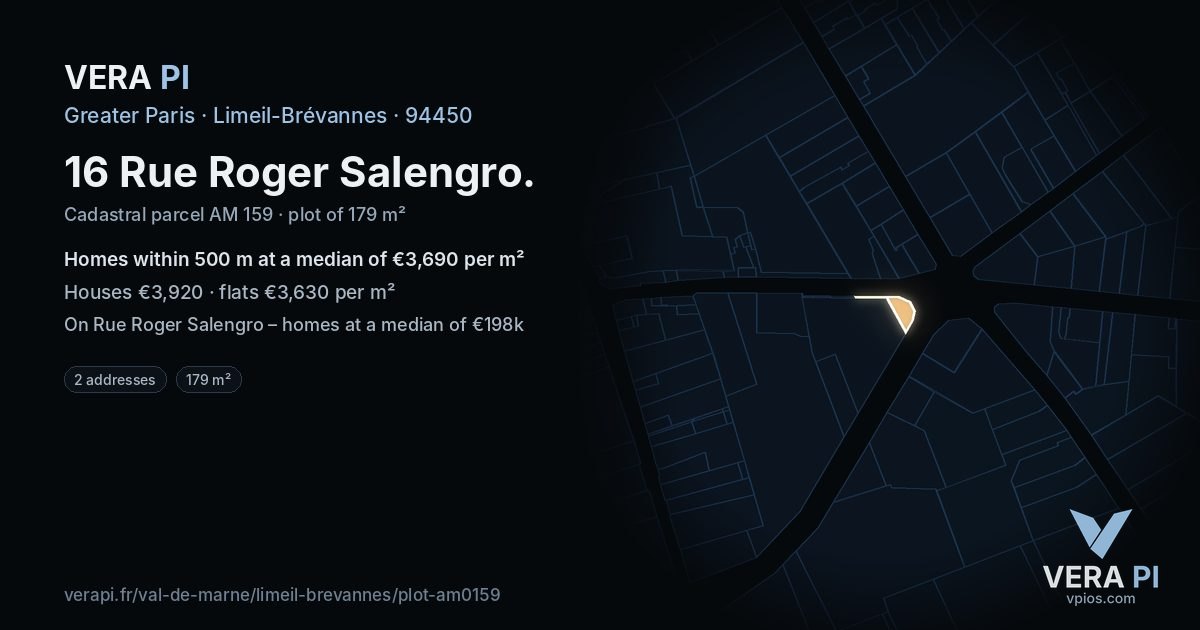 16 Rue Roger Salengro, Limeil-Brévannes at night – the plot lit, the parcels around coloured by the prices near them