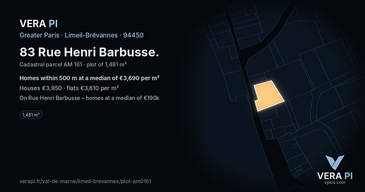 83 Rue Henri Barbusse, Limeil-Brévannes at night – the plot lit, the parcels around coloured by the prices near them