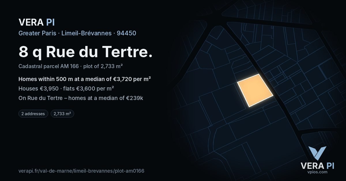 8 q Rue du Tertre, Limeil-Brévannes at night – the plot lit, the parcels around coloured by the prices near them