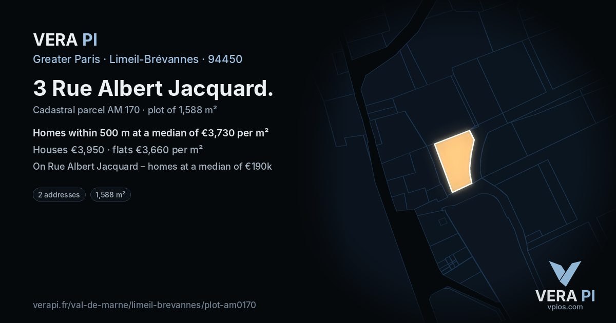 3 Rue Albert Jacquard, Limeil-Brévannes at night – the plot lit, the parcels around coloured by the prices near them