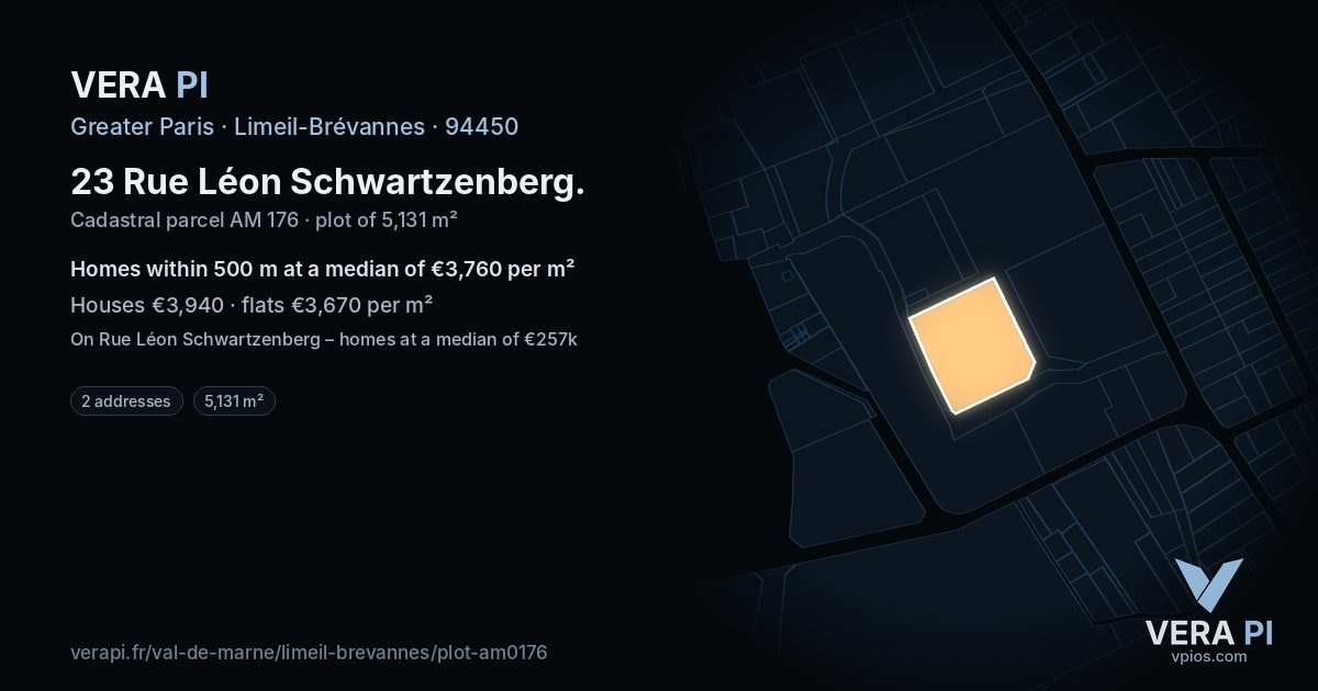 23 Rue Léon Schwartzenberg, Limeil-Brévannes at night – the plot lit, the parcels around coloured by the prices near them