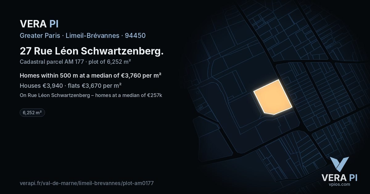 27 Rue Léon Schwartzenberg, Limeil-Brévannes at night – the plot lit, the parcels around coloured by the prices near them