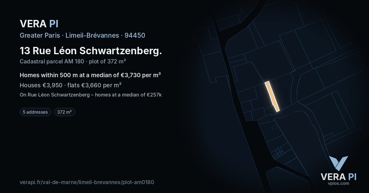 13 Rue Léon Schwartzenberg, Limeil-Brévannes at night – the plot lit, the parcels around coloured by the prices near them