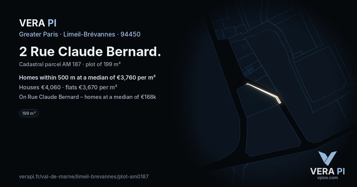 2 Rue Claude Bernard, Limeil-Brévannes at night – the plot lit, the parcels around coloured by the prices near them
