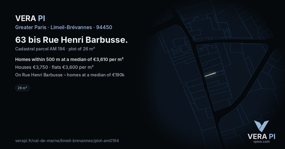 63 bis Rue Henri Barbusse, Limeil-Brévannes at night – the plot lit, the parcels around coloured by the prices near them
