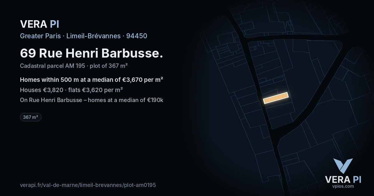 69 Rue Henri Barbusse, Limeil-Brévannes at night – the plot lit, the parcels around coloured by the prices near them