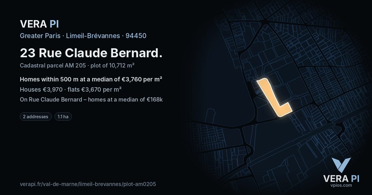 23 Rue Claude Bernard, Limeil-Brévannes at night – the plot lit, the parcels around coloured by the prices near them