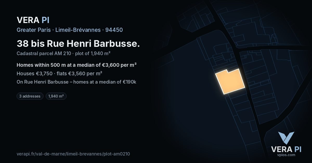 38 bis Rue Henri Barbusse, Limeil-Brévannes at night – the plot lit, the parcels around coloured by the prices near them
