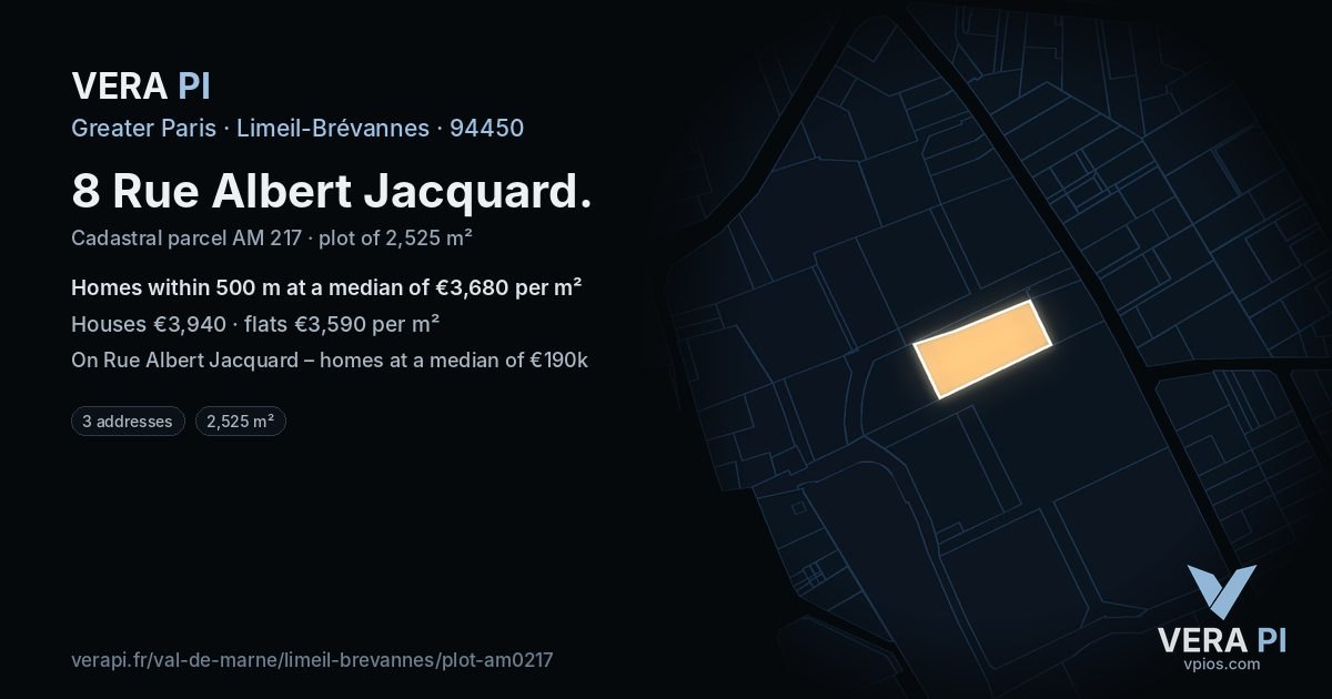 8 Rue Albert Jacquard, Limeil-Brévannes at night – the plot lit, the parcels around coloured by the prices near them
