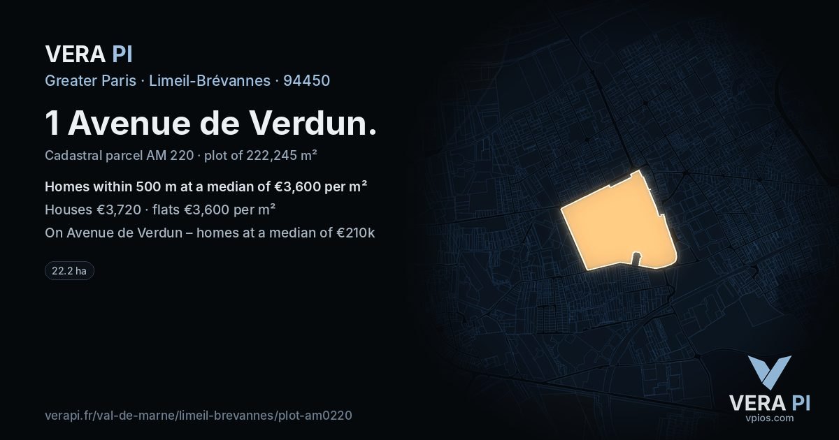 1 Avenue de Verdun, Limeil-Brévannes at night – the plot lit, the parcels around coloured by the prices near them