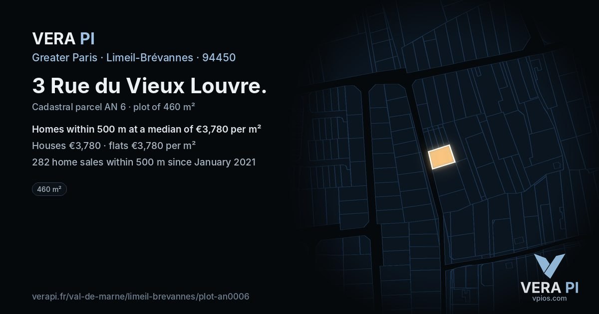 3 Rue du Vieux Louvre, Limeil-Brévannes at night – the plot lit, the parcels around coloured by the prices near them