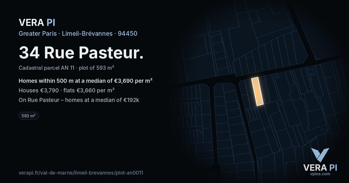 34 Rue Pasteur, Limeil-Brévannes at night – the plot lit, the parcels around coloured by the prices near them