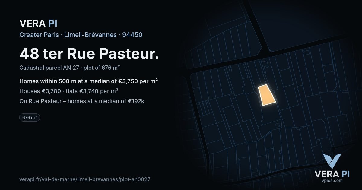 48 ter Rue Pasteur, Limeil-Brévannes at night – the plot lit, the parcels around coloured by the prices near them