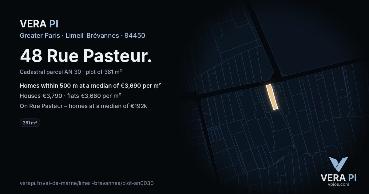 48 Rue Pasteur, Limeil-Brévannes at night – the plot lit, the parcels around coloured by the prices near them