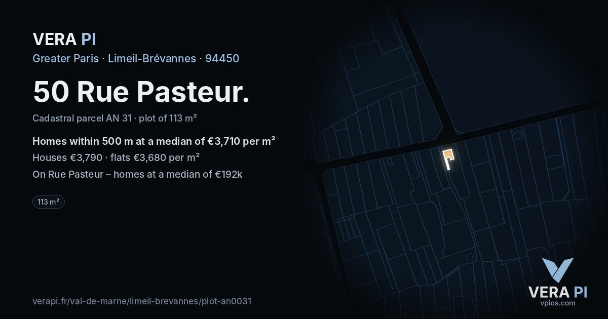 50 Rue Pasteur, Limeil-Brévannes at night – the plot lit, the parcels around coloured by the prices near them