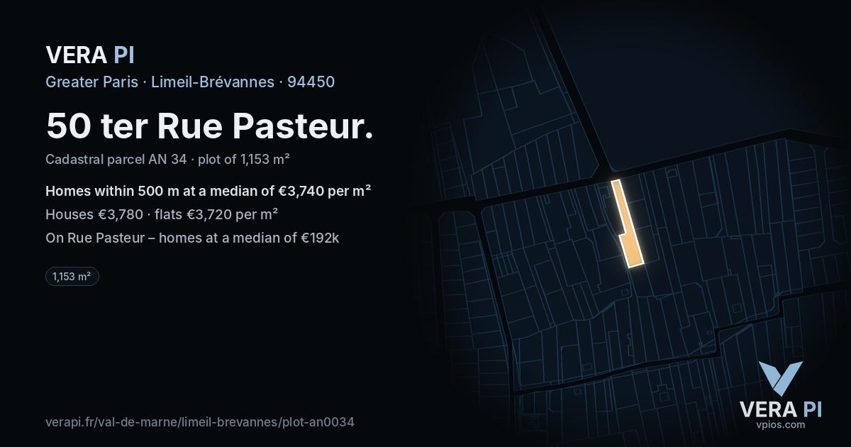 50 ter Rue Pasteur, Limeil-Brévannes at night – the plot lit, the parcels around coloured by the prices near them