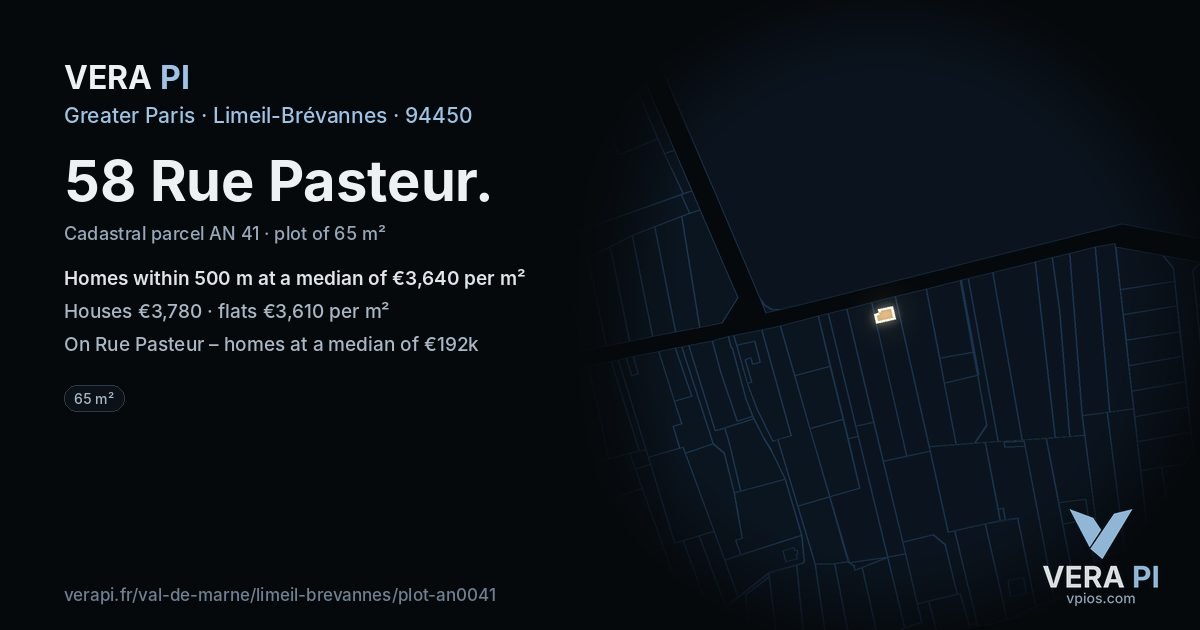 58 Rue Pasteur, Limeil-Brévannes at night – the plot lit, the parcels around coloured by the prices near them