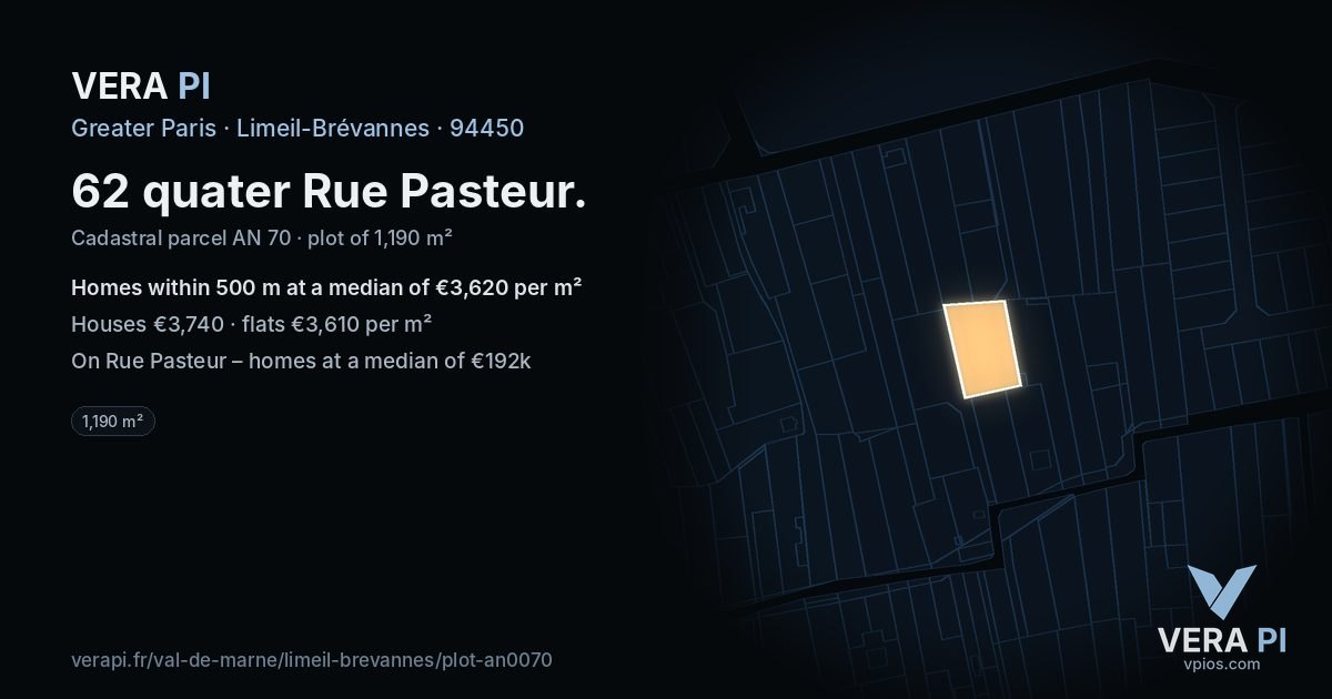 62 quater Rue Pasteur, Limeil-Brévannes at night – the plot lit, the parcels around coloured by the prices near them