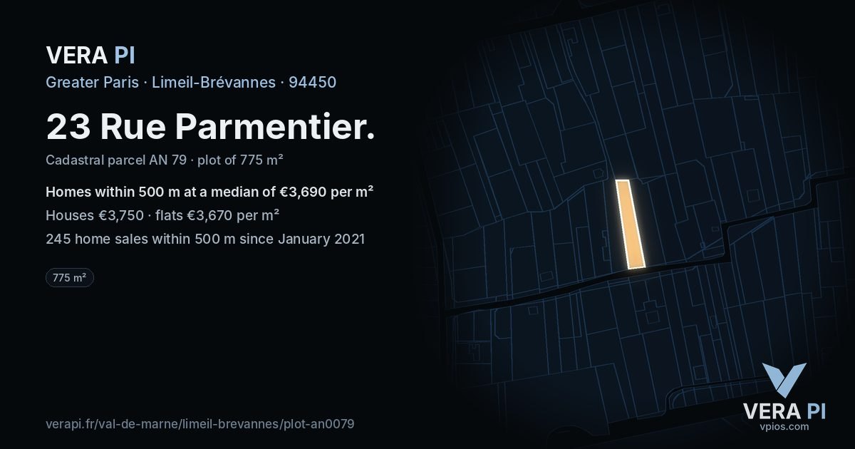 23 Rue Parmentier, Limeil-Brévannes at night – the plot lit, the parcels around coloured by the prices near them