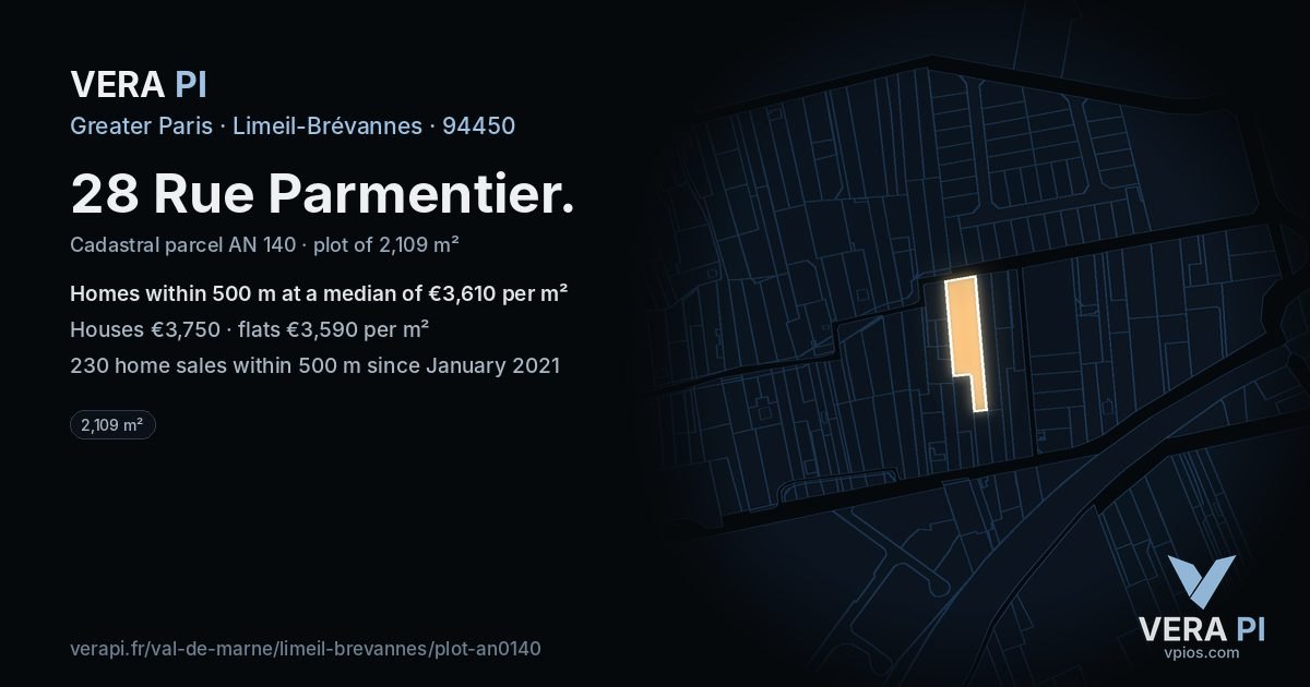 28 Rue Parmentier, Limeil-Brévannes at night – the plot lit, the parcels around coloured by the prices near them