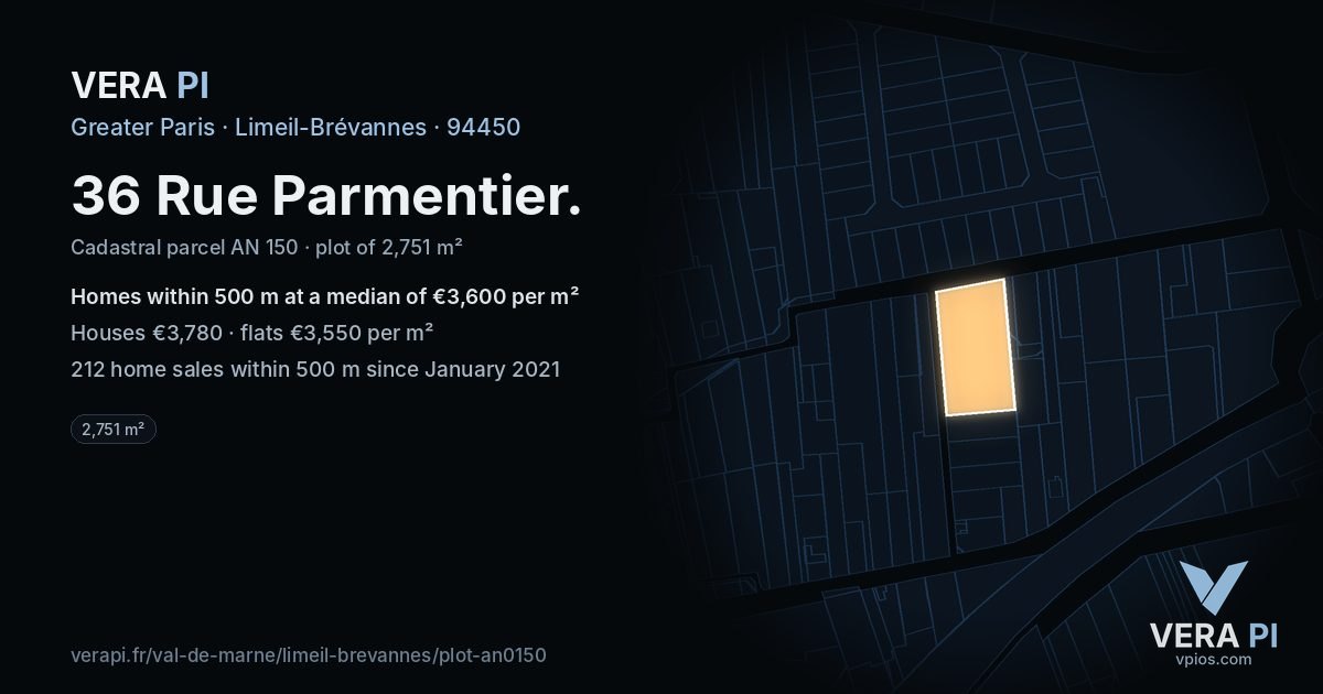 36 Rue Parmentier, Limeil-Brévannes at night – the plot lit, the parcels around coloured by the prices near them