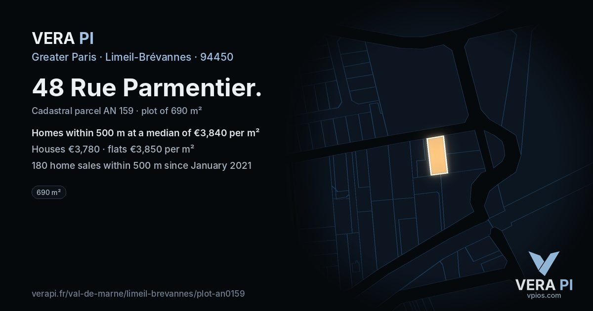 48 Rue Parmentier, Limeil-Brévannes at night – the plot lit, the parcels around coloured by the prices near them