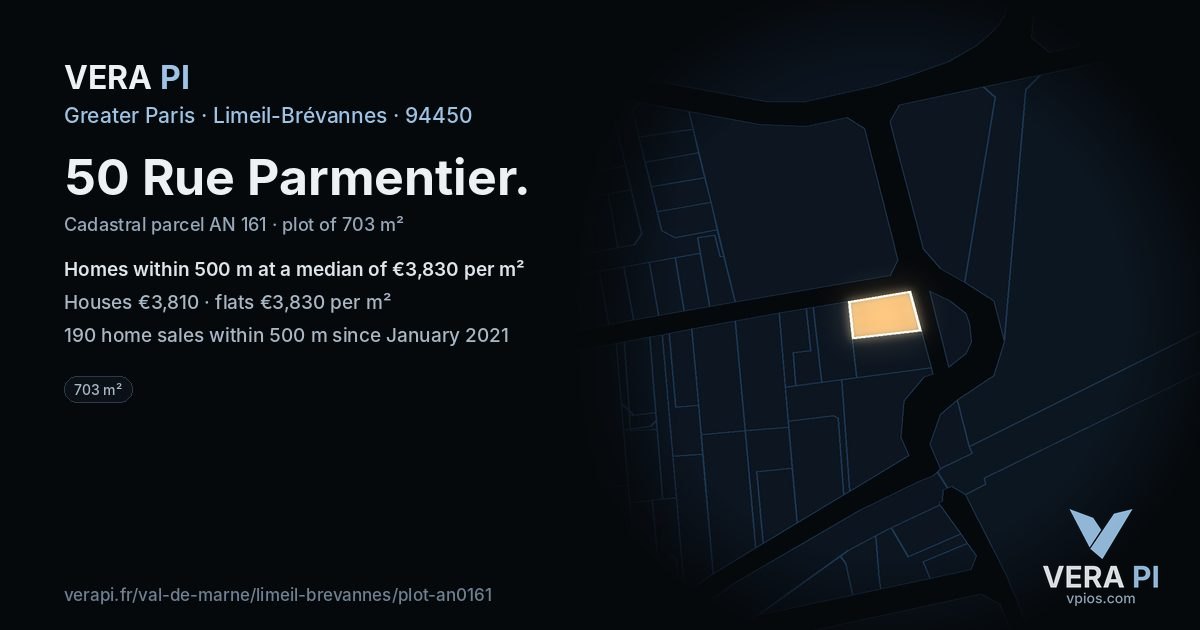 50 Rue Parmentier, Limeil-Brévannes at night – the plot lit, the parcels around coloured by the prices near them