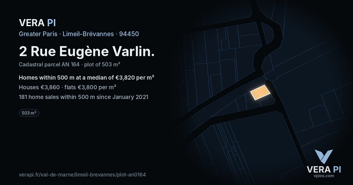 2 Rue Eugène Varlin, Limeil-Brévannes at night – the plot lit, the parcels around coloured by the prices near them