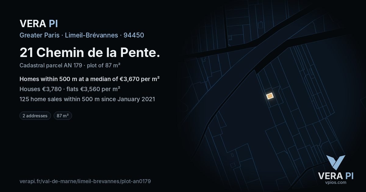 21 Chemin de la Pente, Limeil-Brévannes at night – the plot lit, the parcels around coloured by the prices near them